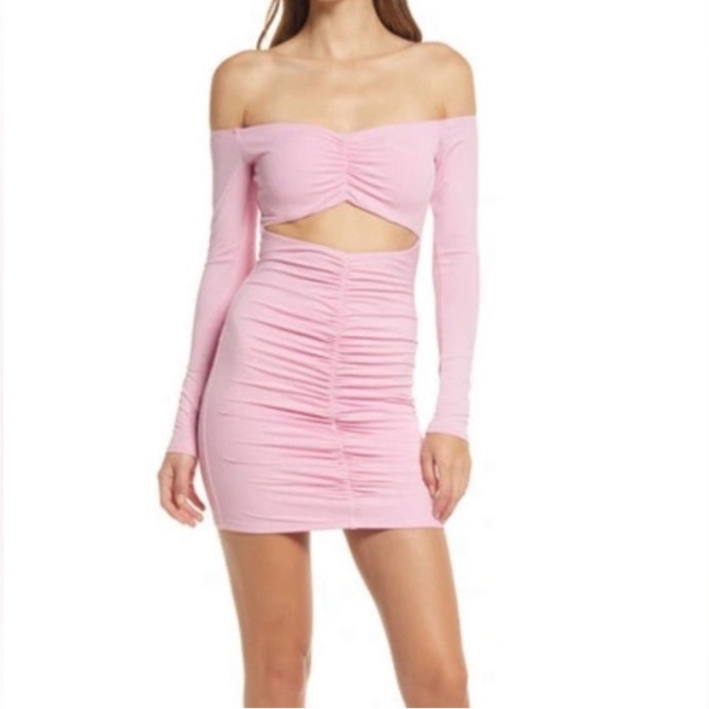 NWOT Naked Wardrobe Pink Ribbed Cutout Ruched Long Sleeve Stretchy Mini Dress